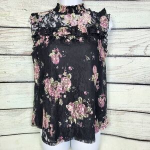 Crave Fame by Almost Famous Women’s Large Black Floral Lace Sleeveless Ruffle Bl